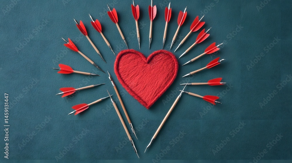 Poster a heart-shaped target with multiple arrows pointing inward