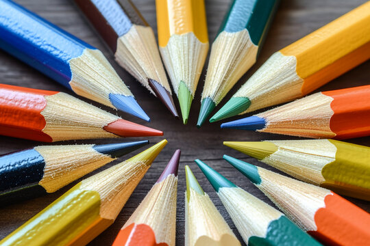 Colorful pencils arranged in a circular pattern on a wooden surface create an artistic display of creativity