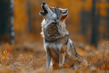 Fototapeta premium Howling Wolf in the Forest Captured in the Wild
