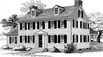 Detailed Black and White Illustration of a Colonial Style House