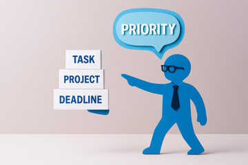 Business vision planning symbolizing priority as blue figure points at task project deadline blocks for effective management