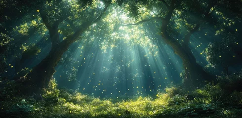Gordijnen Sunbeams in enchanted forest, fireflies, nature background, fantasy © galendra