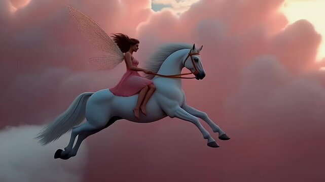 Winged fairy riding flying horse in pink sky
