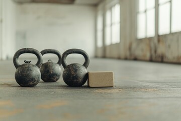 Gym floor with kettlebells and yoga block for training