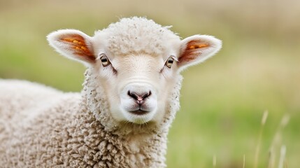 Close-up portrait of a young, fluffy lamb with soft, white wool and light brown ears, gazing directly at the camera in a peaceful, outdoor setting. : Generative AI