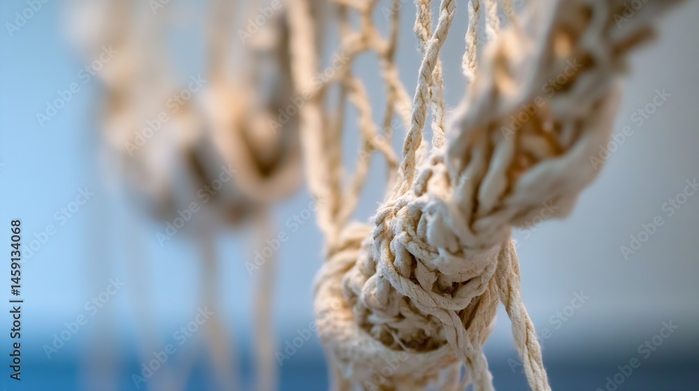 Poster close-up of intricately knotted, off-white cotton rope, creating a complex texture with soft, frayed
