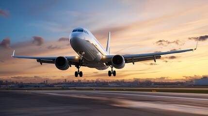 Obraz premium Airplane landing at sunset, low altitude view over runway, city skyline in background, orange and blue sky, commercial flight. : Generative AI