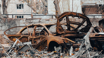ruined street and destroyed houses in Ukraine