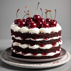 Triplelayer chocolate cake with white frosting and fresh cherries