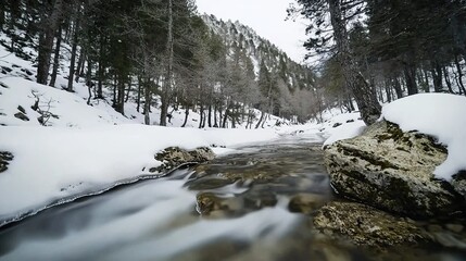 Winter stream flowing through snowy forest landscape.