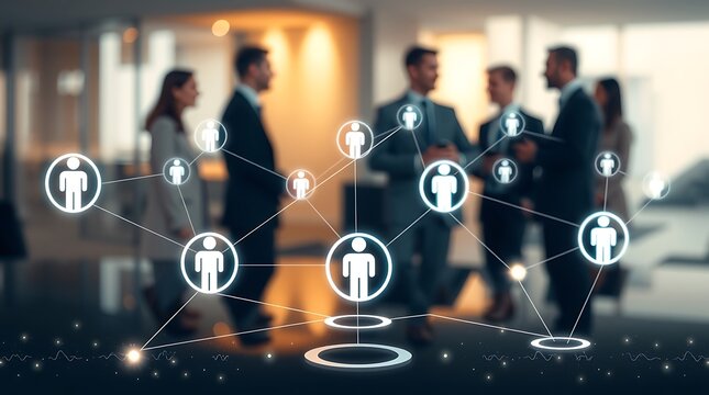 Business team networking with digital avatars and connections in a modern office setting shown blurred