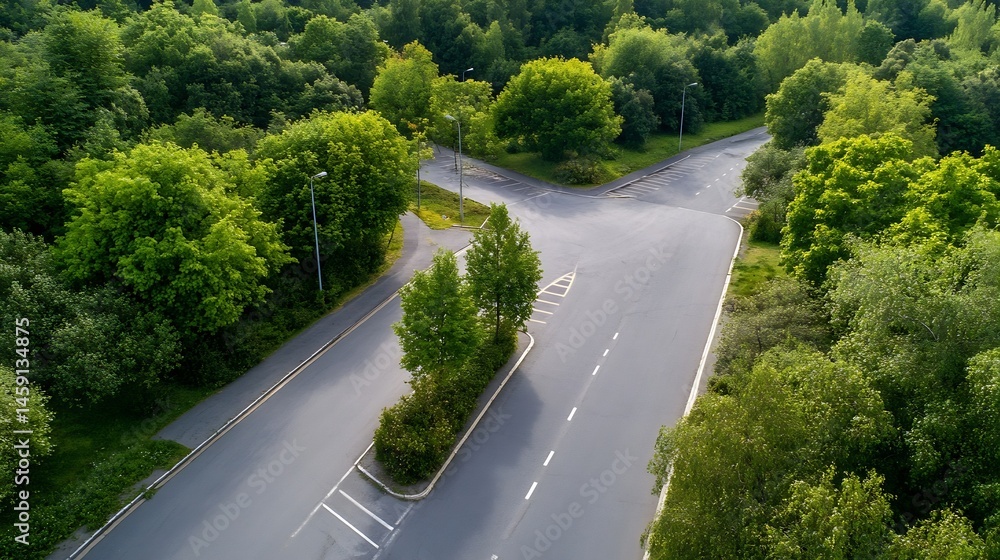 Poster aerial view of a quiet road intersection surrounded by lush green trees and shrubs, showing a peacef