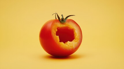 A ripe tomato with a large bite taken out, set against a vibrant yellow background.