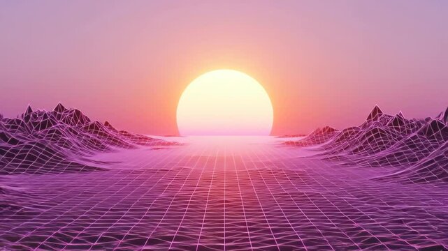 Retro Synthwave Sunset Landscape with Geometric Grid and Pink Purple Sky
