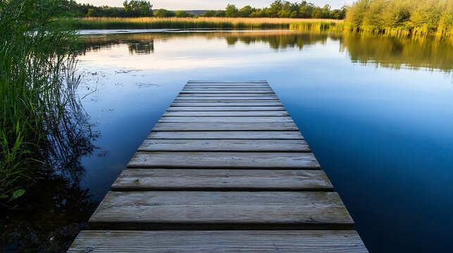 Serene wooden dock extending over calm lake water, surrounded by lush green vegetation and reflecting tranquil sky. : Generative AI