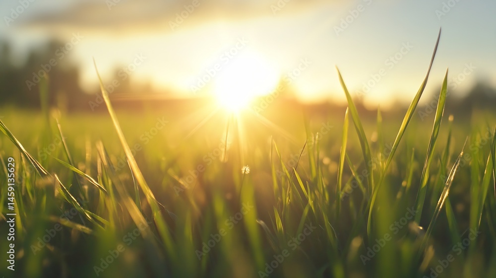 Aufkleber close-up view of green grass blades illuminated by a warm sunset, creating a serene and peaceful atm