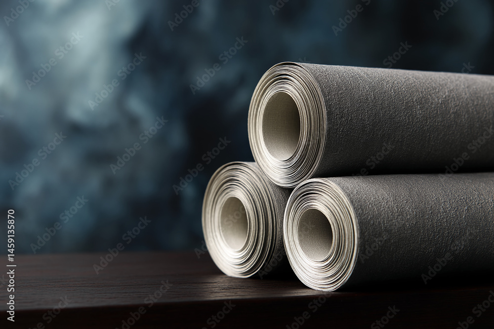 Aufkleber three gray fabric rolls on dark wood table against blurred dark background, showcasing texture and p