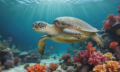 Green sea turtle gracefully swims over vibrant coral reef ,  turtle,  exotic