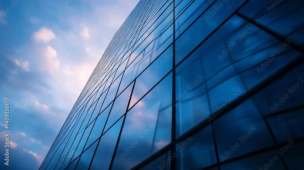 Fototapete modern skyscraper facade reflecting a twilight sky, showcasing a geometric pattern of blue glass pan