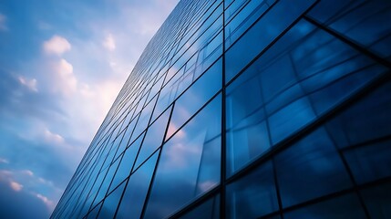 Modern skyscraper facade reflecting a twilight sky, showcasing a geometric pattern of blue glass panels and dark frames against a backdrop of soft clouds. : Generative AI