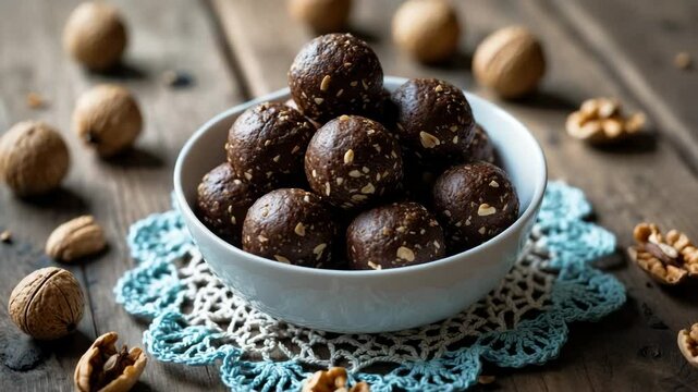 Cocoa, coconut, oats, and walnuts raw vegan balls.