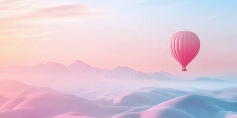 Obraz premium A whimsical, pastel-colored scene with a hot air balloon soaring above rolling hills and distant peaks.
