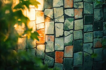 Sunlit stone mosaic pavement, textured and aged, partially obscured by green foliage.