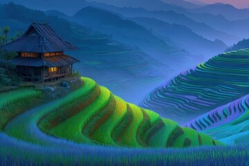 Serene terraced rice fields with traditional houses in misty mountains