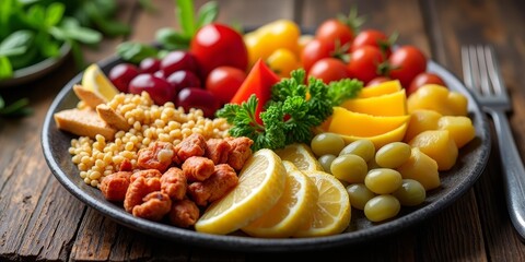 Plate of mixed fruits and vegetables on wooden table