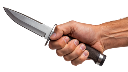 A sharp steel blade, a dangerous weapon held in a human hand