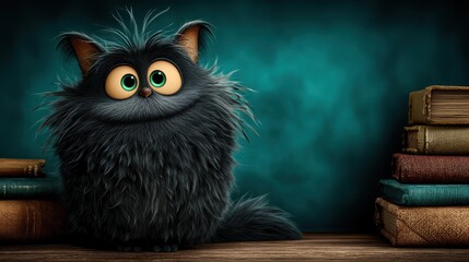 Fluffy black cartoon cat sits by books