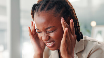 Business black woman, headache or burnout at office with mental fatigue, brain fog or vertigo....