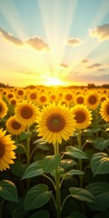 Fototapeta premium Sunflower field at sunrise with bright yellow flowers in bloom