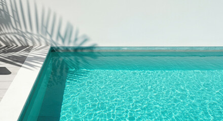 Obraz premium Elegant contrast of white side of pool and turquoise water with shadow of palm sheet. Minimalist composition creates feeling of luxurious resort recreation.