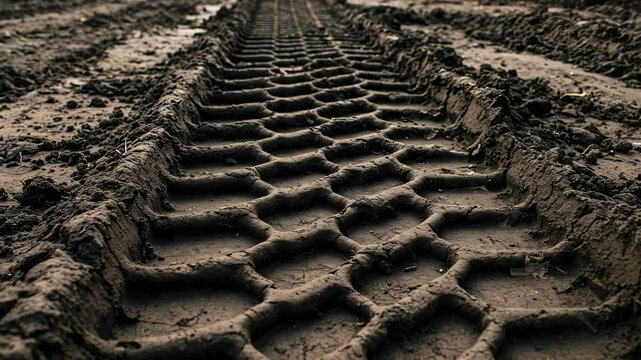 Close-Up of Deep Tire Tread Imprint on Muddy Ground, Highlighting Agricultural Equipment Tracks on a Farm