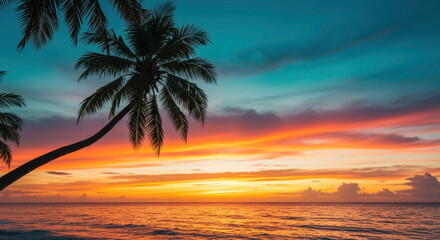 Palm trees silhouettes against vibrant sunset sky over ocean. Tropical paradise scene. Exotic beach vacation. Romantic evening atmosphere. Summer holiday destination. Travel