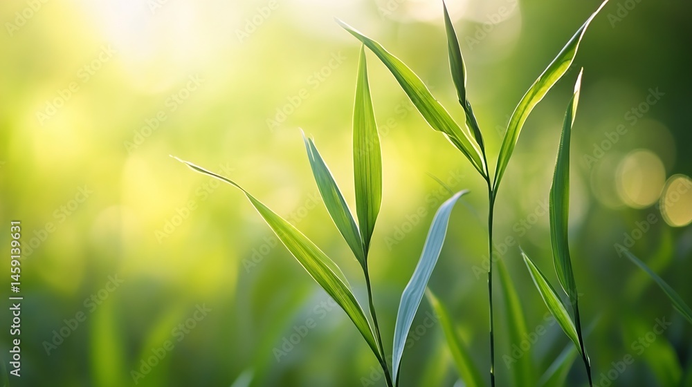 Aufkleber close-up view of vibrant green blades of grass illuminated by sunlight, creating a serene and peacef