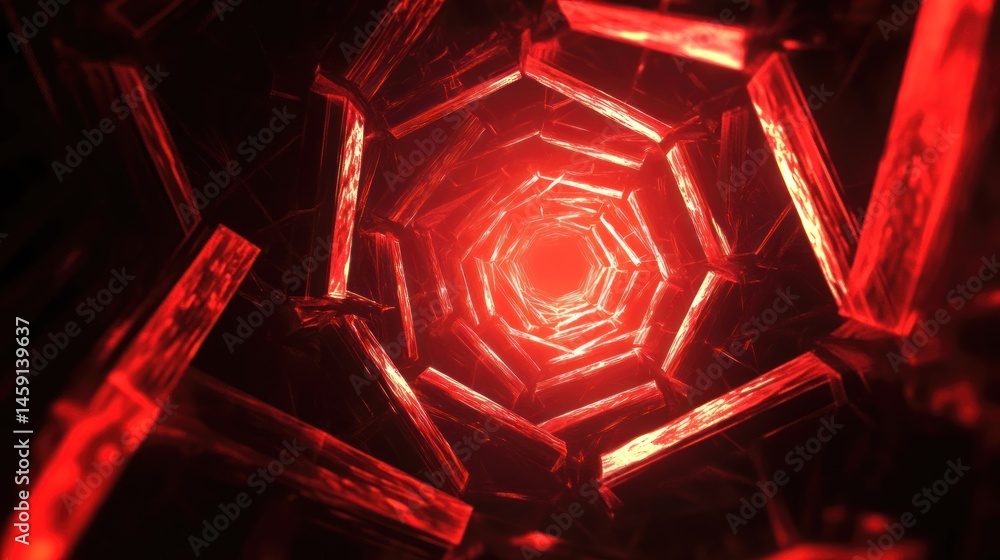 Poster abstract red hexagonal tunnel: a journey into digital depth