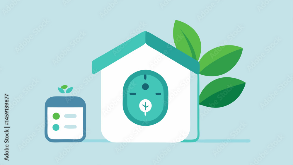 Poster smart thermostat a modern smart thermostat displaying an ecofriendly home setting with a leaf icon n