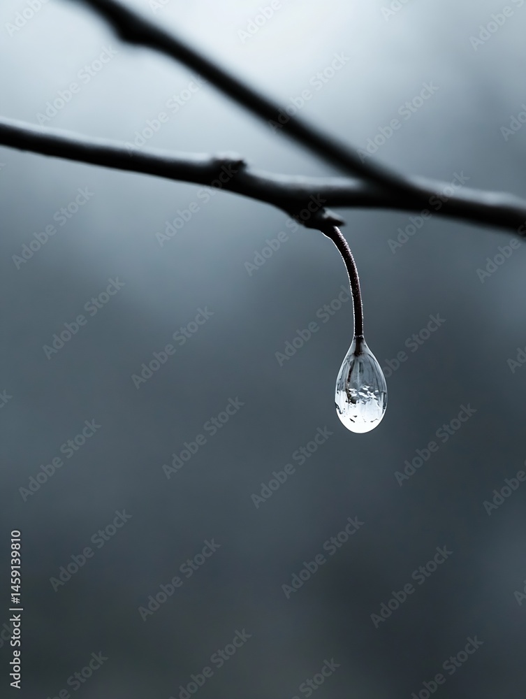 Aufkleber a single, glistening raindrop hangs delicately from a slender branch, reflecting the muted light of 