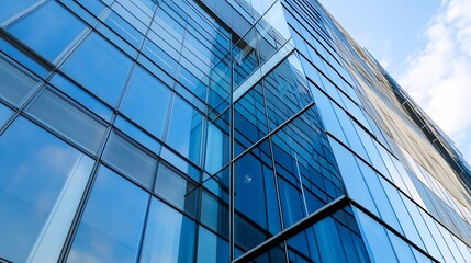 Modern glass skyscraper facade reflecting blue sky, showcasing geometric patterns and architectural design details.  The image offers a dynamic perspective of urban architecture. : Generative AI