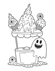 Sea Monster with Ice Cream – Spooky Summer Line Art Coloring Page
