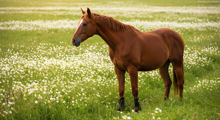 Fototapeta premium Brown Horse with White Sock in Daisy Field PNG