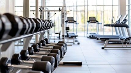 A rack of chrome dumbbells sits in a modern gym, with treadmills and other exercise equipment visible in the background through large windows. : Generative AI