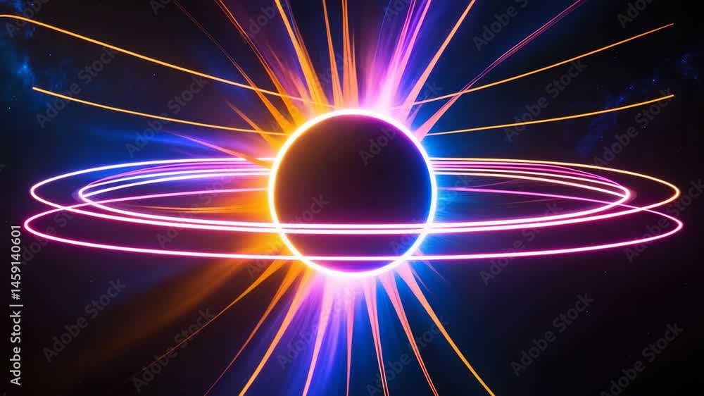 Poster black background with an abstract sun, neon circle lines, and empty copy space, illuminated by color