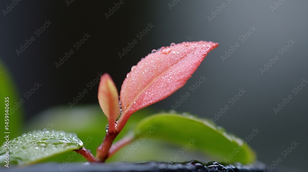 Poster close-up of a vibrant red leaf with dew drops, showcasing the intricate details of its texture and t