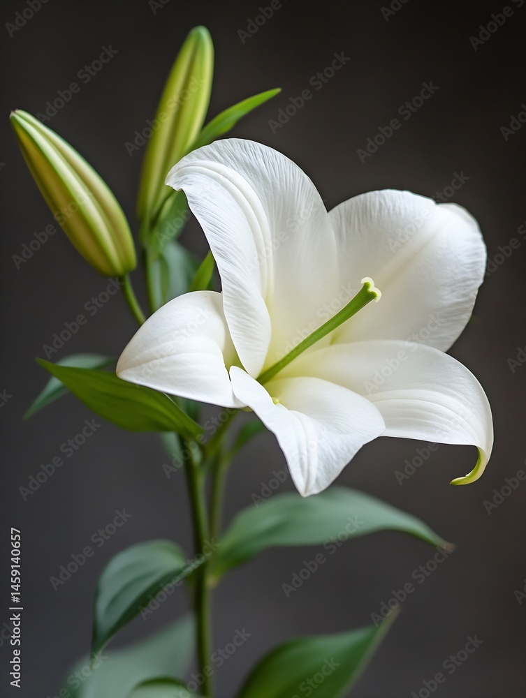 Poster close-up of a single, elegant white lily flower with green leaves and buds against a dark gray backg