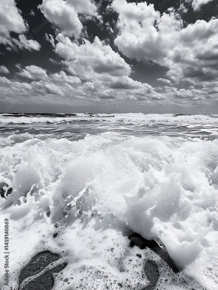 Fototapete dramatic black and white seascape featuring powerful ocean waves crashing on the shore under a cloud