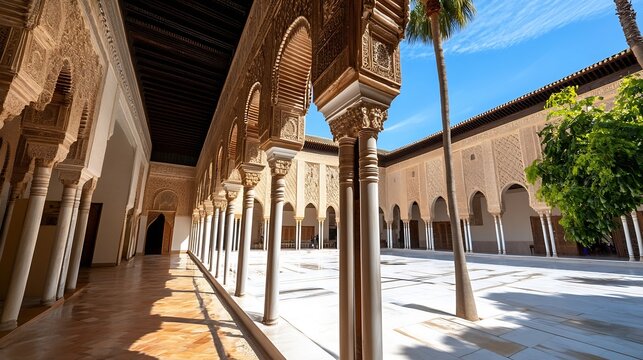 Sunlit Andalusian courtyard with intricate columns, arches, and ornate carvings, showcasing a serene and historic atmosphere. : Generative AI