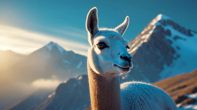 A rare Vicuna positioned at high altitudes in front of a mountain.